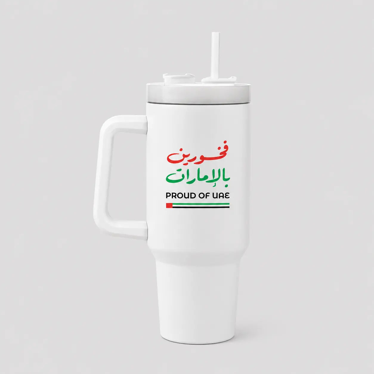 Proud of UAE White SS Tumbler with Handle & Straw 1200ml – UAE National Day Printava