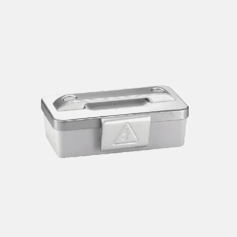 KEF Portable Powerbank 3100 mAh in silver with compact design and built-in handle. Includes 4 adaptors for Apple, micro, mini, and female USB.