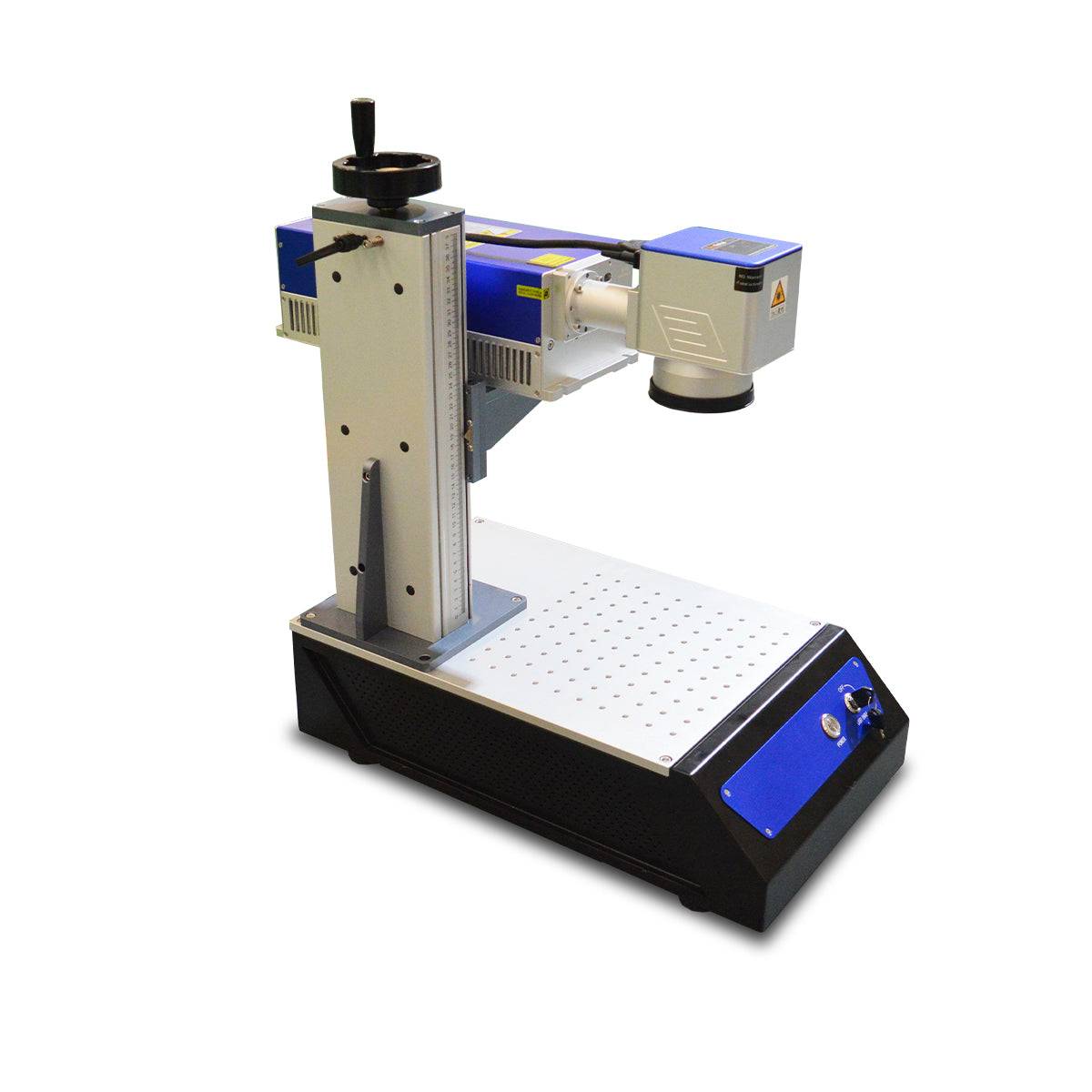 Side view of avalaser 5W UV laser engraving machine showing adjustable vertical rail and compact design for detailed engraving work.
