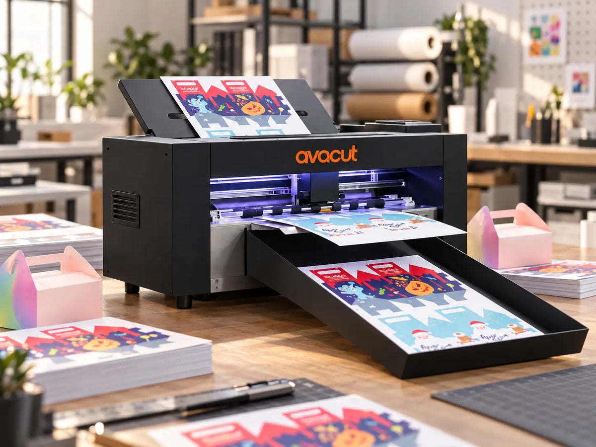 Avacut ZD350 Plus dual-head label cutter in a professional print studio