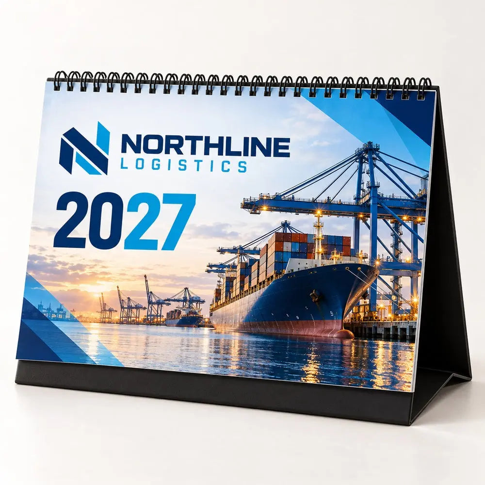 Custom 2027 corporate desk calendar 20.5 x 14.5 cm – logistics branding mockup