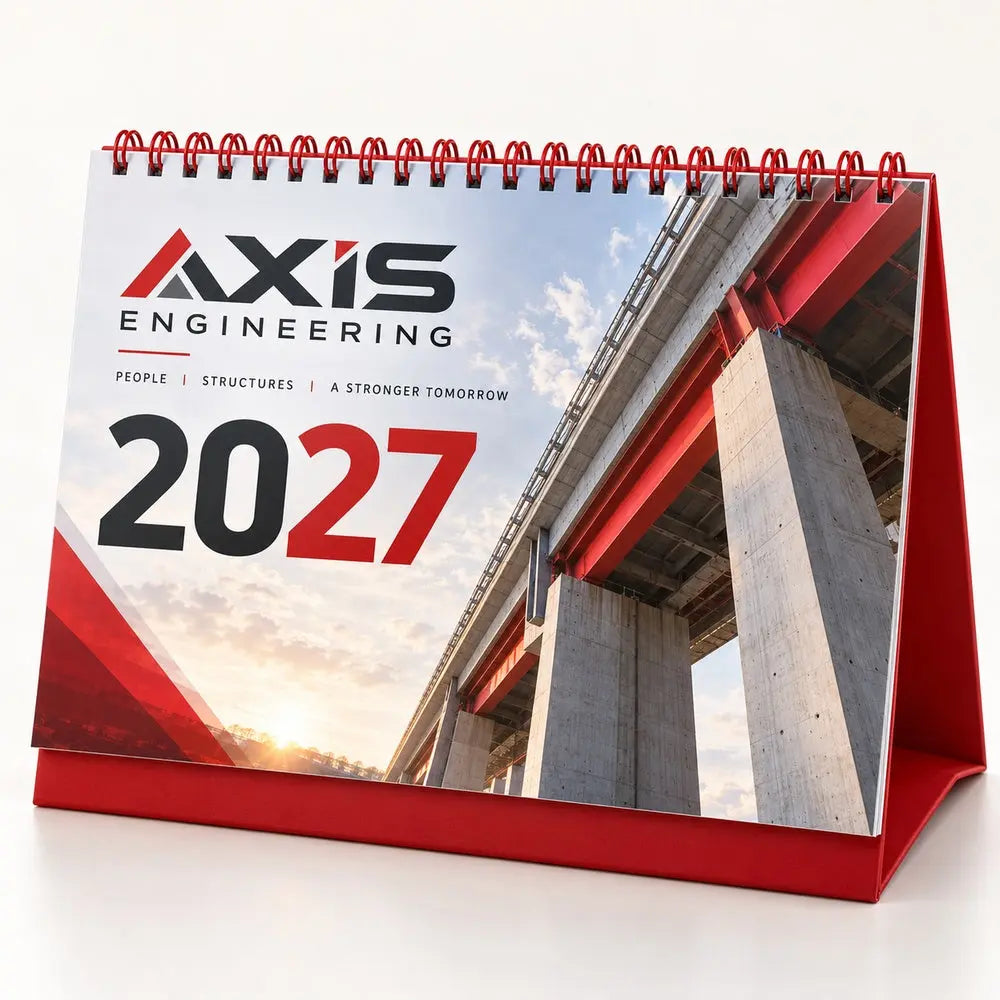 Custom 2027 corporate desk calendar 20.5 x 14.5 cm – engineering branding mockup