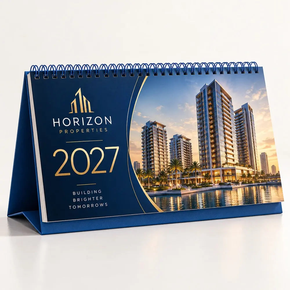 Custom 2027 corporate desk calendar 22 x 10 cm – real estate branding mockup