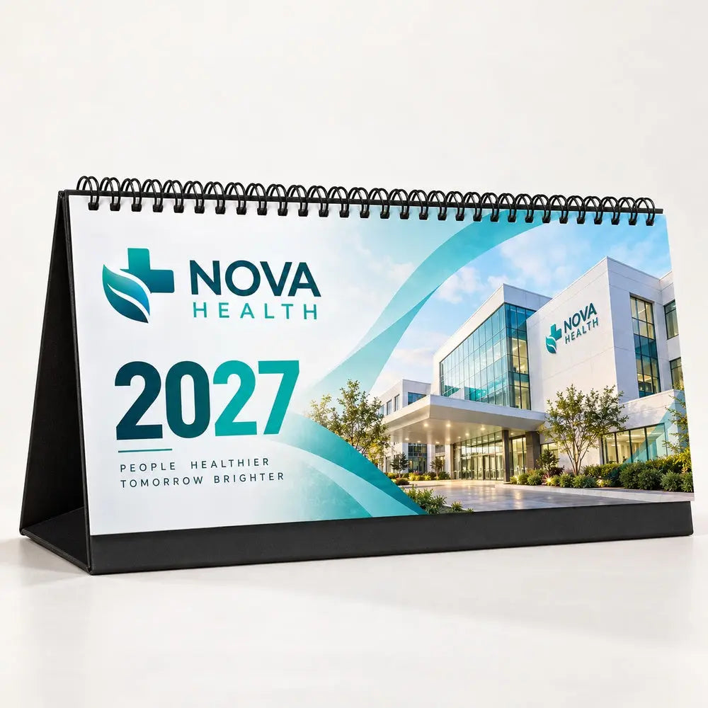 Custom 2027 corporate desk calendar 22 x 10 cm – healthcare branding mockup