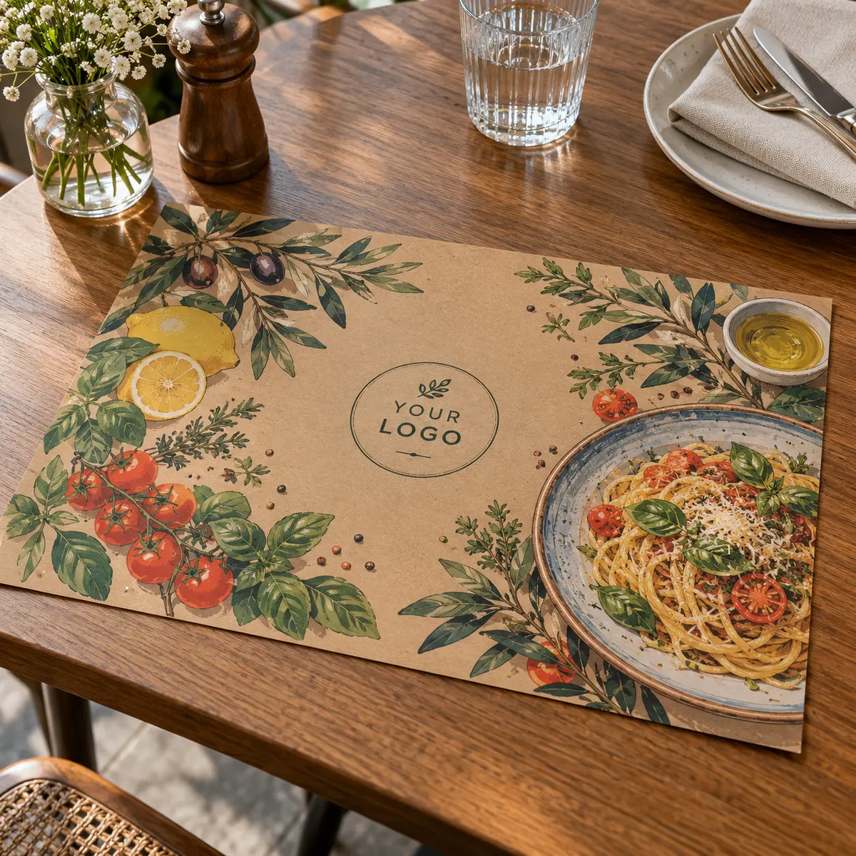 Custom Table Mat – 4 Color, Kraft Brown 100gsm – original custom printing mockup