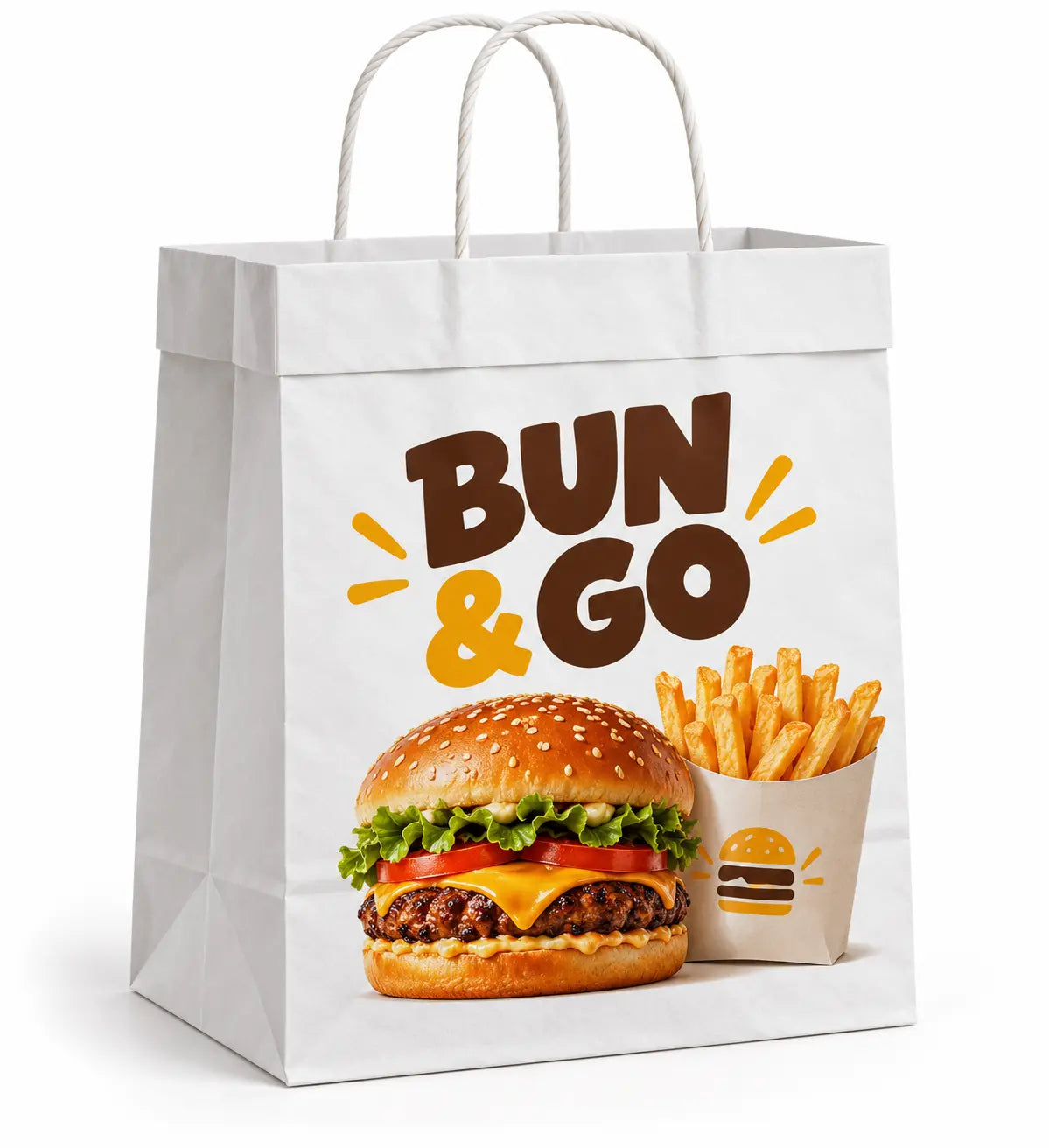 White top-fold kraft shopping bag with fast food branding