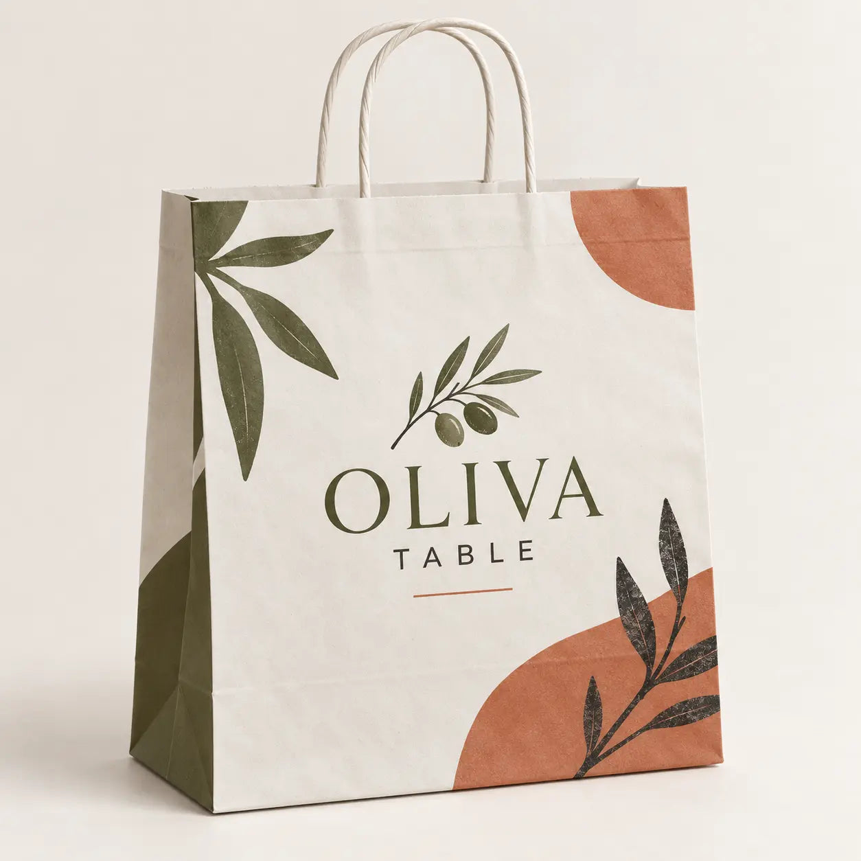 White top-fold kraft shopping bag with restaurant branding
