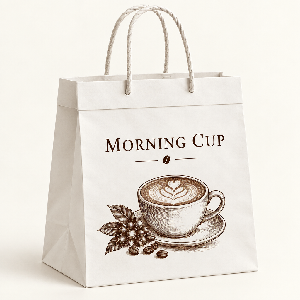 White top-fold kraft shopping bag with cafe branding