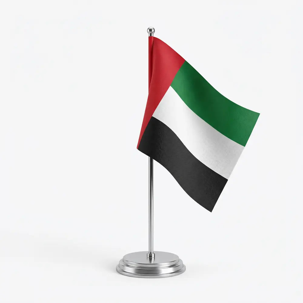 UAE Desktop Flag Metal Pole Silver Plated Base 350mm – FLS-MTL-UAE