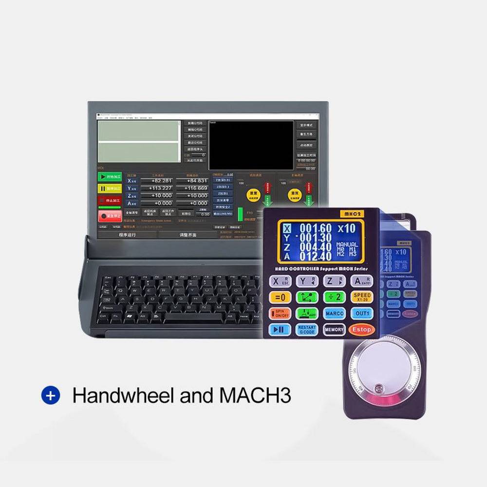 MACH3 software interface and digital handwheel for CNC A3 desktop router, enabling precise control in industrial machining.