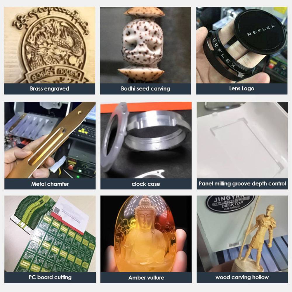 Examples of CNC A3 desktop router applications including brass engraving, wood carving, and metal chamfering for industrial precision work.