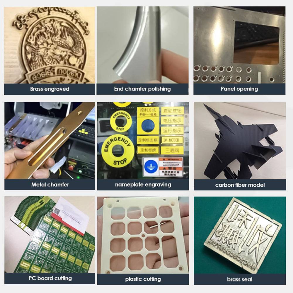 CNC A3 desktop router sample projects showing plastic cutting, carbon fiber modeling, and nameplate engraving for industrial applications.