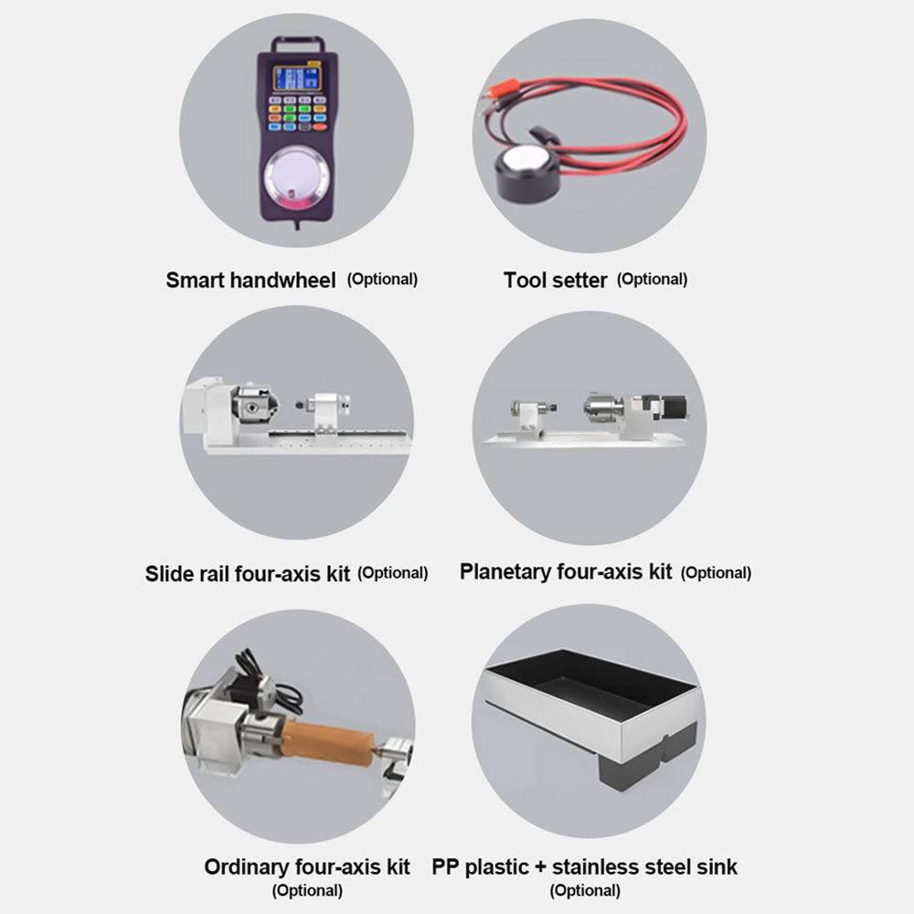 Optional accessories for CNC A3 desktop router including handwheel, tool setter, and four-axis kits for enhanced engraving capabilities.