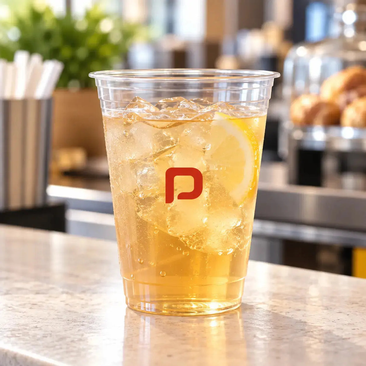 Clear plastic cup with a red single-color logo | كوب بلاستيكي شفاف بشعار أحمر بلون واحد