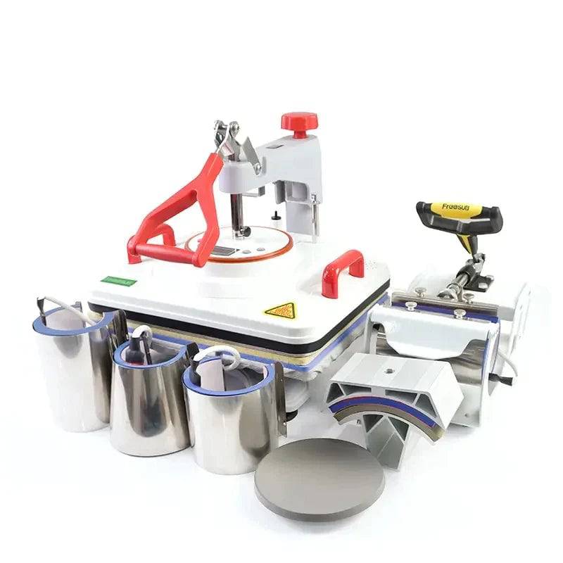 Complete 11-in-1 heat press machine set with mug, cap, plate, and pen heating attachments for multi-surface sublimation printing.