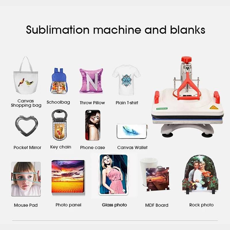 11-in-1 sublimation machine with compatible blanks like t-shirts, tote bags, pillows, phone cases, and photo panels for custom printing.