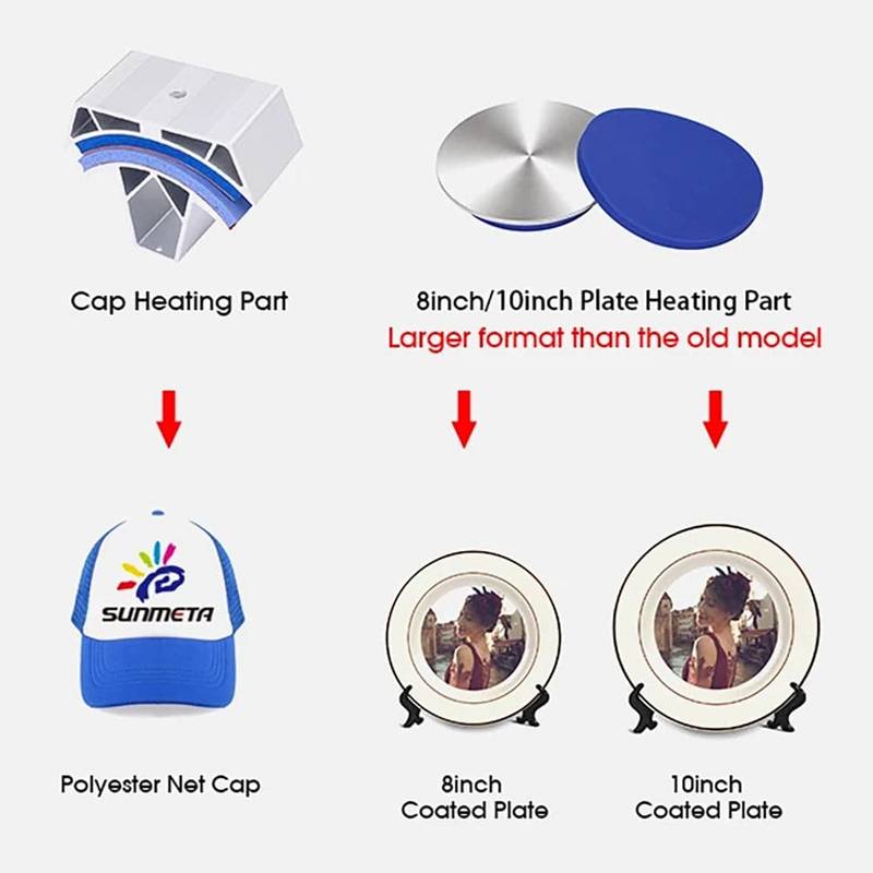 Cap and plate heating parts for 8-inch and 10-inch coated plates, compatible with polyester caps for sublimation printing.