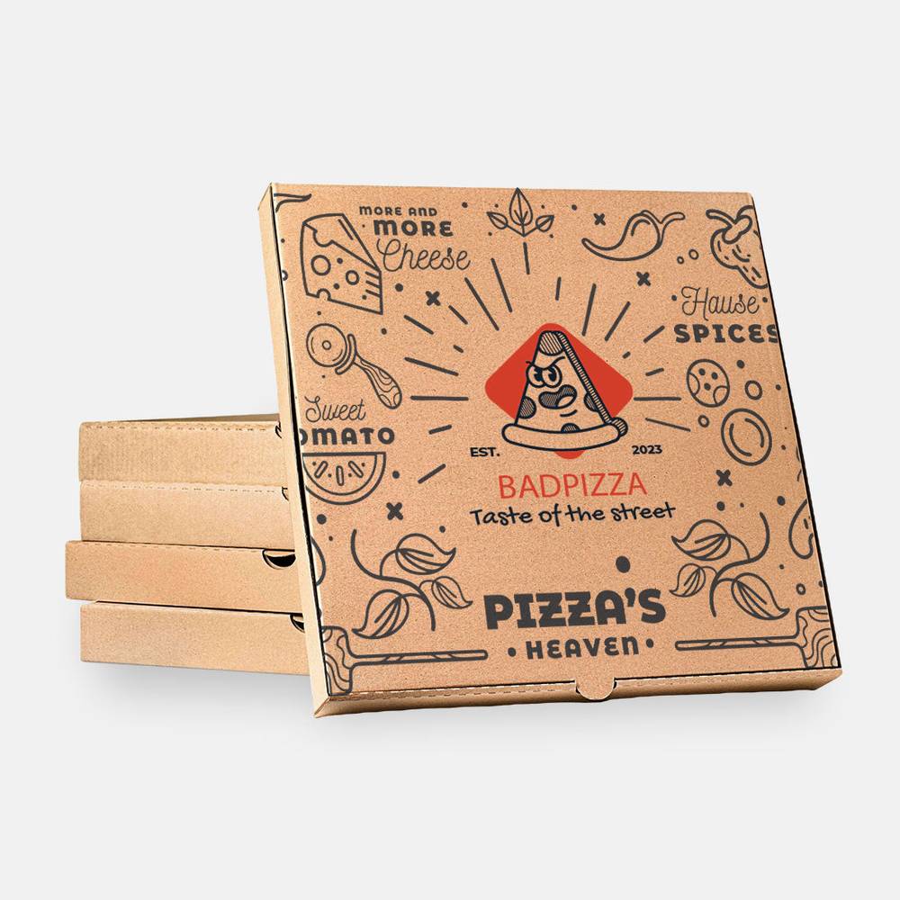 Custom pizza box with cartoon pizza slice and 'BADPIZZA' branding, designed for freshness and creative food storage in home and restaurant use.
