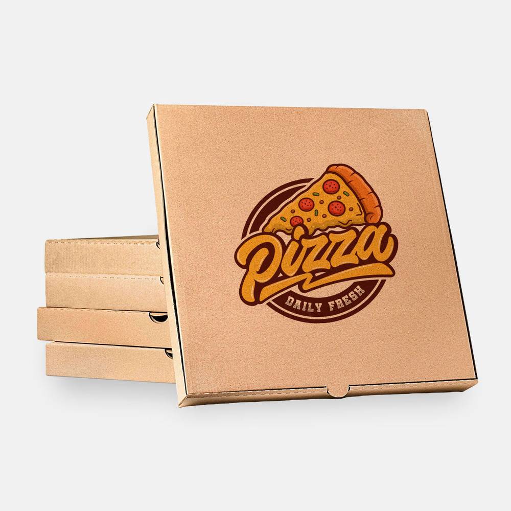 Kraft pizza box with colorful 'Pizza Daily Fresh' logo, ideal for food packaging that keeps pizza warm and fresh in kitchen and dining environments.