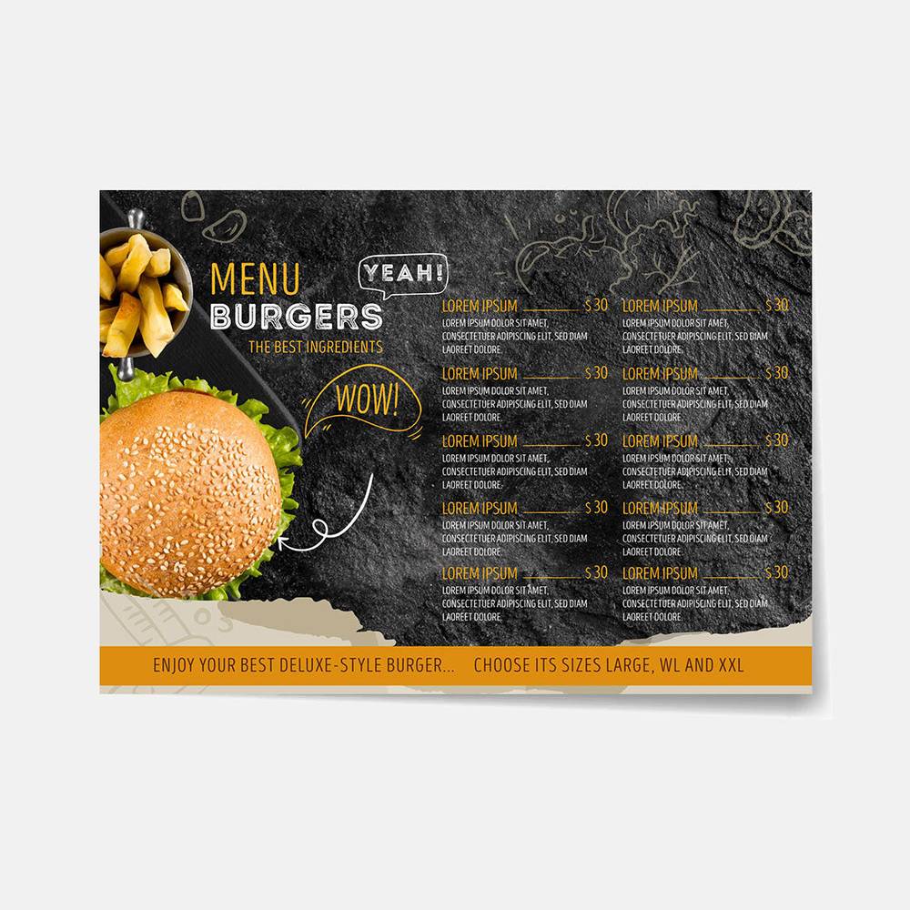 Custom table mat with a deluxe burger menu design, great for food packaging themes and protecting dining surfaces in style.