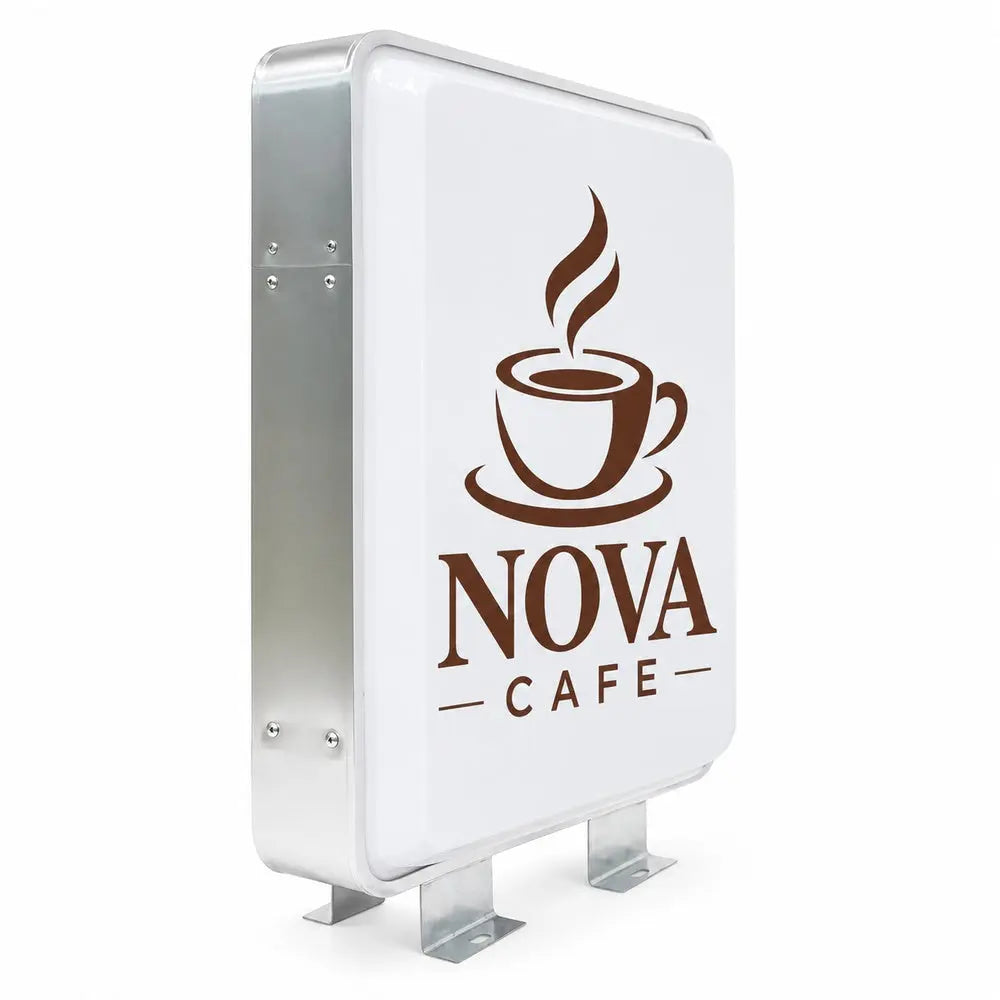 Rectangular LED light box side view with cafe branding