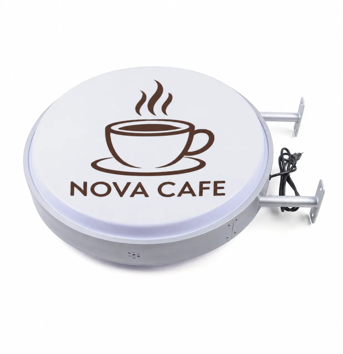 Round LED light box with cafe branding, flat angled view