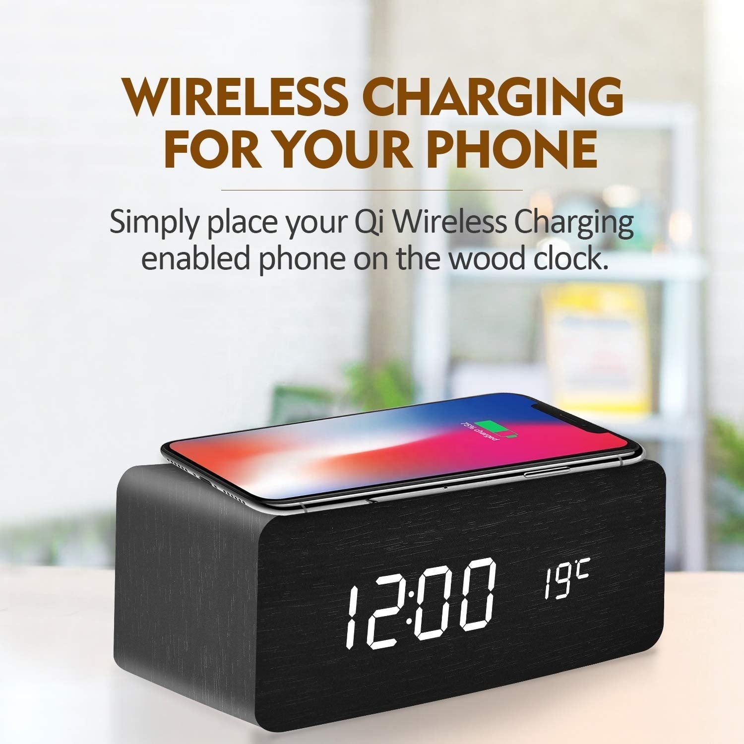 Digital desk clock wooden with wireless charge