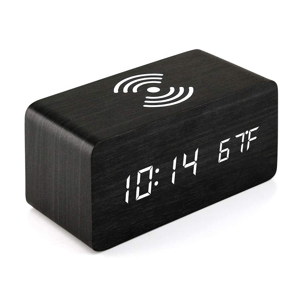 Digital desk clock wooden with wireless charge