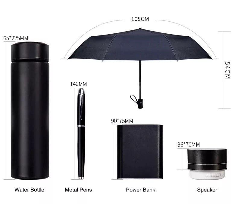 Set of Notebook, Bottle, Umbrella, Pen, USB, Speaker and Power Bank