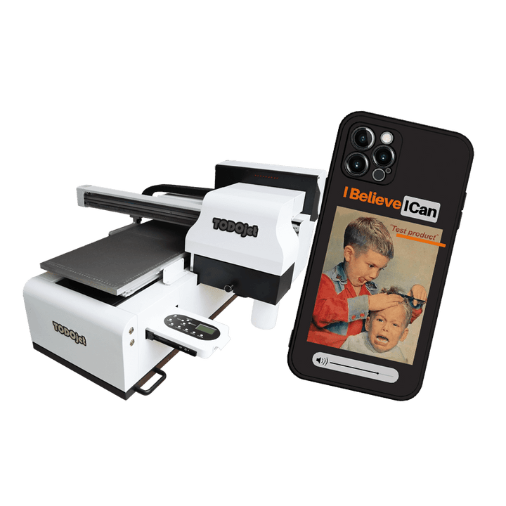 TODOjet UV 3050 printing custom design on a smartphone case, showcasing its precision and adaptability for personalized product printing.